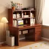 Escritorio de madera maciza con estantería, escritorio de computadora integrado para estudiantes, escritorio simple para estudio en casa con cajones, mesa de almacenamiento