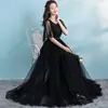 Vestido de Noche de Malla con Lentejuelas Negras para Mujer 2026 Estilo Nuevo con Mangas tipo Chal, Ceñido a la Cintura, Elegante Vestido Largo de Banquete para Actuación con Cola