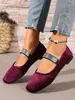 Novedades Transfronterizas Tallas Grandes Primavera/Verano Punta Cuadrada Terciopelo Pedrería Correa Única Tacón Bajo Plano Elegante Mary Janes de Corte Bajo En Stock