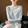 Nova camiseta feminina fina de malha fina para outono, transfronteiriça, com mangas compridas, top semi-transparente para proteção solar e ar condicionado, versátil e modelador