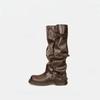Botas Altas para Mujer 2025 Nuevas Botas Retro Arrugadas Holgadas con Hebilla de Cinturón, Botas de Pantalón de Tacón Grueso hasta la Mitad de la Pantorrilla, Botas de Montar de Tubo Alto