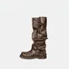 Botas Altas para Mujer 2025 Nuevas Botas Retro Arrugadas Holgadas con Hebilla de Cinturón, Botas de Pantalón de Tacón Grueso hasta la Mitad de la Pantorrilla, Botas de Montar de Tubo Alto