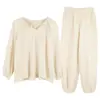 Bargain de Liquidación Conjunto de Dos Piezas de Pijama Casual Simple Holgado de Manga Larga con Cuello en V para Mujer de Algodón Puro
