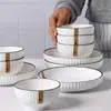 Serie Yamada Línea Negra Patrón Vertical Estilo Nórdico Vajilla de Cerámica para el Hogar Tazón Bol para Arroz Engrosado Apto para Microondas
