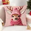Fronha rosa com tema de Natal com estampa visual de bordado falso de alce, adequada para decoração de casa de temporada