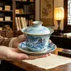 Tazón de té de tres partes Dehua de cerámica grande, estilo horno Ru, con patrón de paisaje azul y blanco, no quema, resistente al calor, para uso doméstico, juego de té Kung Fu