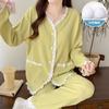 Conjunto de Pijama Cardigan Simples de Cor Sólida para Primavera e Outono com Bojo Integrado Renda Algodão Nuvem Bolsos Manga Longa Calça Longa