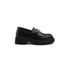 Mocassins de Couro Genuíno Estilo Britânico com Solado Grosso para Mulheres Fivela Dourada Arco do Triunfo Salto Bloco Sapatos Únicos Bico Redondo Slip-Ons Estilo College Sapatos Pequenos de Couro