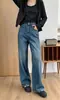 Jeans Denim Retrô Sem Elasticidade! Textura de Algodão Tencel Jeans Desgastado Perna Larga Jeans Clássico Calça Longa de Brim