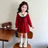 Vestido Suéter Feminino 2026 Gola Marinho Desenho Animado Bordado Laço Vestido Tricotado para Bebê Menina
