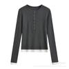 Estilo Deseo Puro Spice Girl Ajustado Botón de Cinco Garras Falso Dos Piezas Camiseta de Manga Larga para Mujer Otoño 2024 Nuevo Top Básico Apilado