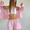 Novedad Otoño e Invierno 2026 Estilo Europeo y Americano Rosa Cuadros Holgado y Cómodo Mangas Largas Pantalones Cortos Pijama de Exportación Ropa de Casa Transfronteriza para Mujer