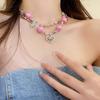 Colar Coração Vazado com Costura Estrela de Contas Redondas Rosa para Mulheres Y2K Hot Girl Acessórios Doces Cool Corrente Leve de Luxo para Clavícula