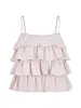 Camisola em Camadas Estilo Coreano com Renda na Barra e Alças Finas, Top Curto com Babados em Múltiplas Camadas para Mulheres