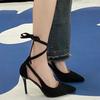 2025 Versátiles Nuevos Sexy Tacones Altos con Cordones Primavera y Otoño Zapatos de Tacón de Aguja para Mujer Estilete Negros Adelgazantes Elegantes Estilo Francés de Nicho