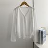 Cárdigan de Lyocell Tencel Camiseta de Manga Larga con Cuello en V Camiseta de Otoño Top Simple Retro Nicho Prenda Base Exterior