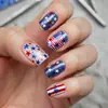Dia da Independência Estrelas e Listras Glitter Nail Art Unhas Quadradas de Comprimento Médio Estilo Patriótico Unhas Postiças Moda Europeia e Americana Unhas Postiças
