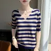 Blusas de primavera y verano transfronterizas para mujer, camisas de punto, camisetas de manga corta de algodón y lino, chalecos de cuello en V para mujer, bloques de color a rayas, comercio exterior transfronterizo al por mayor