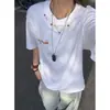 Camiseta Bordada Blanca de Cuello Pequeño para Hombre, Tendencia de Verano Casual Estilo Americano Modelo Básico Holgado, Versátil de Manga Corta para Parejas