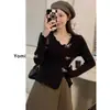 Camiseta de punto con dobladillo irregular de volantes y abertura lateral para mujer, primavera, otoño, invierno, elegante top corto ajustado, manga larga