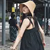Chapéu de Sol de Algodão Linho Trançado de Palha Japonês Feminino Primavera Verão com Amarração Estilo Coreano Retrô Lolita Aba Larga Chapéu de Proteção Solar para Ciclismo Versátil