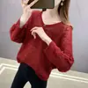 Nueva Camiseta de Punto Fina con Cuello en V, Manga Larga, Color Puro, Huecos, Holgada, para Primavera y Otoño, como Capa Base para Mujer