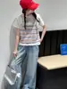Camiseta de Manga Corta para Niñas de Verano, Estilo Nuevo para Niños Mayores, Camiseta Versátil de Moda con Rayas, Tirantes y Parches, Estilo Coreano