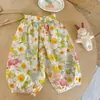 Conjunto de Verano para Niña 2026 Nuevo Dulce y Fresco Amarillo Crema Encaje Cuello Cuadrado Manga Corta Floral Pantalón Anti-Mosquitos Conjunto de Dos Piezas