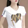 Artículo de marca con excedente de comercio exterior transfronterizo con etiquetas retiradas, camiseta de mujer con cuello en V, manga corta, corte holgado, hombro normal, top de manga corta