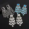 Pendientes de Aguja de Plata Transfronterizos con Borlas Cuadradas de Gota de Agua Incrustadas de Diamantes, Pendientes Sencillos y de Moda con un Diseño de Lujo Ligero y de Alta Gama