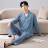 Novos pijamas de algodão puro para homens, estilo primavera e outono, soltos, simples, casuais, de manga comprida, calças compridas, cardigã, conjunto de roupa para casa para o outono