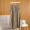 Calça Casual de Tricô 100% Lã Nova Outono/Inverno para Mulheres, Cor Sólida de Cintura Alta com Bolsos, Calça Longa Solta Versátil com Babados