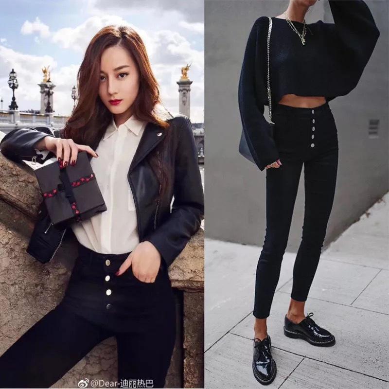 热巴同款高腰超弹力显瘦黑色九分裤女式牛仔裤排扣小脚