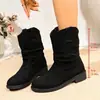 Botas Femininas de Camurça Rosa com Salto Bloco Baixo, Cano Curto até a Panturrilha, Bico Redondo, Estilo Europeu Casual Versátil, Estilo de Comércio Exterior Transfronteiriço