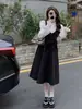 Vestido de dos piezas para mujer transfronterizo europeo y americano, camisa blanca de manga larga con solapa, vestido de tirantes negros al por mayor
