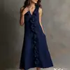 Ropa de mujer de comercio exterior transfronteriza europea y americana, nuevo estilo de verano, vestido casual de color liso suelto sin mangas con encaje y cuello en V