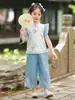 Hanfu Feminino Verão 2025 Novo Infantil Novo Estilo Chinês Estilo Nacional Camisa de Manga Voadora Calça Larga Leve Conjunto de Duas Peças
