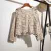 Cardigan de tricô oco de manga longa feminino para o verão nova blusa curta de crochê chique pequena com saia top para ar condicionado