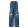 Pantalones de Mezclilla Rotos Estilo Punk Retro para Hombre, Pierna Ancha Holgada, Salpicaduras de Pintura, Nicho Moderno, Pierna Recta
