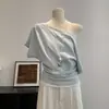 Top Casual y Elegante de Bloques de Color a Rayas Off-Shoulder Falso Dos Piezas de Manga Larga con un Diseño de Moda para Otoño, Versátil Top de Manga Corta de un Hombro