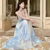 Vestido de Suspensório com Design de Contas Azuis Estilo Resort para Mulheres, Verão, Cintura Longa