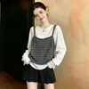 Chal a rayas talla extra, top estilo dos piezas, nueva colección otoño 2026, camiseta elegante y rejuvenecedora para mujeres con curvas
