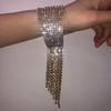 Pulseira aberta de metal com franjas longas exageradas e strass para mulheres, joia pulseira clássica com diamantes incrustados, de marca grande europeia e americana