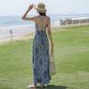 Vestido largo sin espalda estilo étnico de Yunnan para vacaciones, vestido playero elegante azul con tirantes y estilo súper hada.