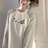 Camiseta Longa Oversize de Cor Contrastante com Costura Redonda para Mulheres 2025 Novo Design Listrada Moda Top