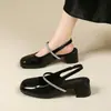 Novedad Otoño 2026 Zapatos de Mujer Punta Cuadrada Tacón Grueso Pedrería Vintage Mary Janes Sandalias Francesas Sin Espalda Charol