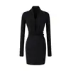 Vestido Longo Sexy Estilo Maduro Hot Girl Manga Longa 2026 Primavera/Verão Novo Decote V Profundo Ajustado Curto Estilo Evasê