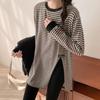 Camiseta Retro Gris de Diseño con Abertura y Mangas Largas para Mujer en Otoño, Holgada, Casual, Rayada, Camisa Base Superior