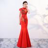Nuevo Vestido de Noche de Verano del Fabricante, Delgado y Elegante, Vestido Rojo de Cola de Pez Bordado para Pasarela