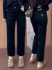 Jeans Negros de Pierna Recta Talla Grande para Mujer, Nuevo Estilo Otoño e Invierno, Figura de Pera, Pantalones Cigarette Acortados Elásticos de Cintura Alta